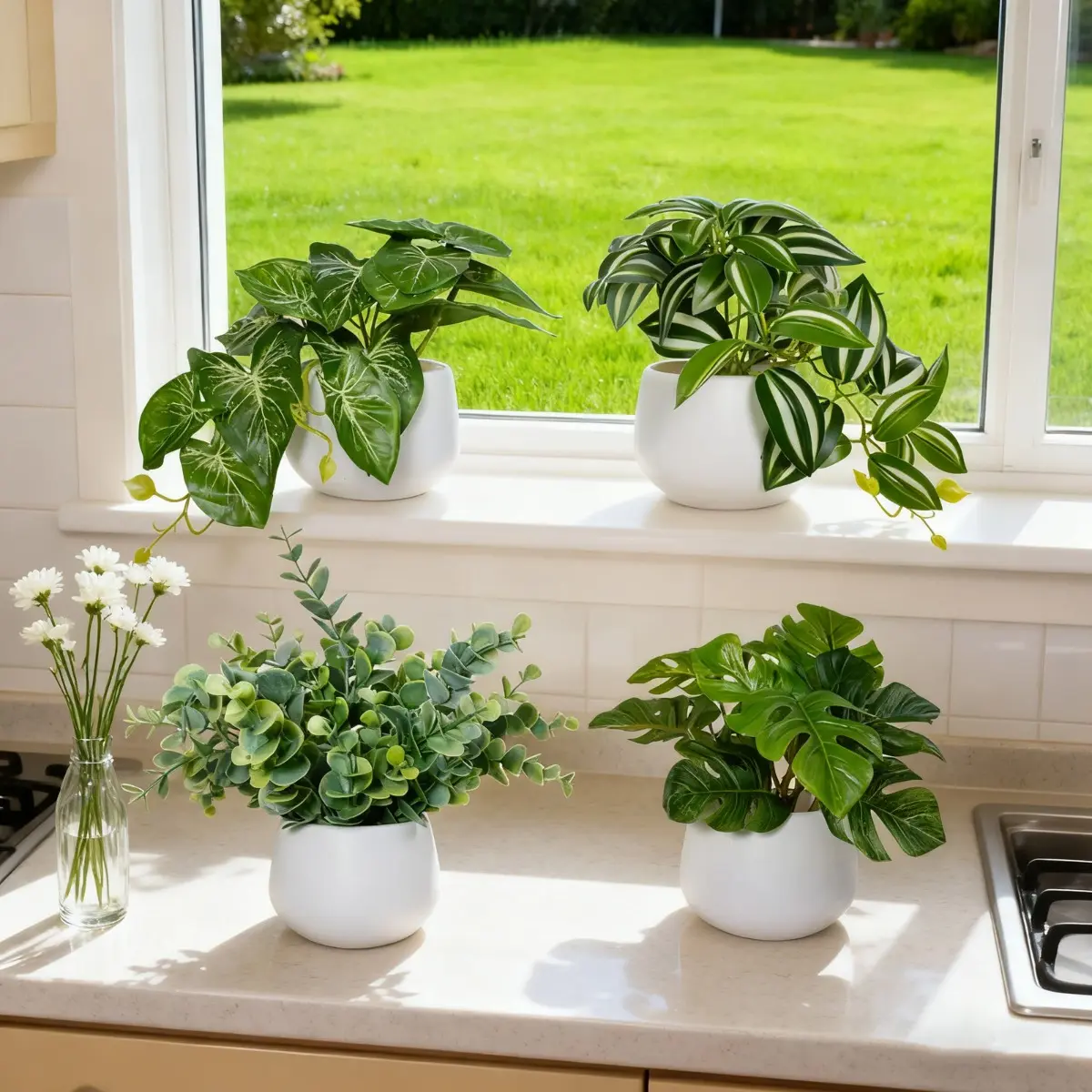 Set of 4 Potted Artificial Plants, Decorative Fake Plants with Various Leaf Shapes, Perfect for Home Decor, No Maintenance Required, Ideal for Windowsills and Tabletops, Artificial Faux Plants