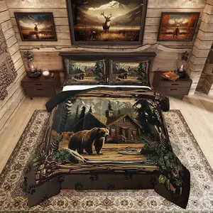 Feelyou Rustic Cabin Bedding Set - Hunting Wild Bear Comforter, Country Farmhouse Lodge Down Quilt, Retro Woodland Design for Kids Boys, Room Decor Bedroom Accessories