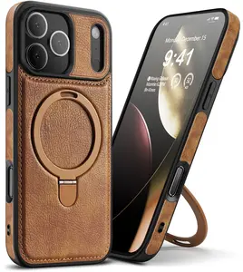 VIVINIKO Magnetic Leather Case for iPhone 17 Pro Max/Pro/Air Invisible Stand Slim Kickstand Compatible with MagSafe Brown