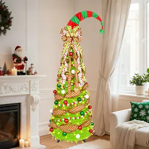 6FT Pop Up Christmas Tree with Lights Remote Control & Ornaments Collapsible Lime Green Xmas Tree with Santa Hat & Bow Tree Topper Whimsical Design for Indoor Outdoor Use Party Decoration Supplies