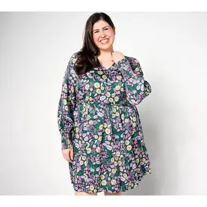 AnyBody Regular Printed Knee Length Dress with Smocked Sleeves