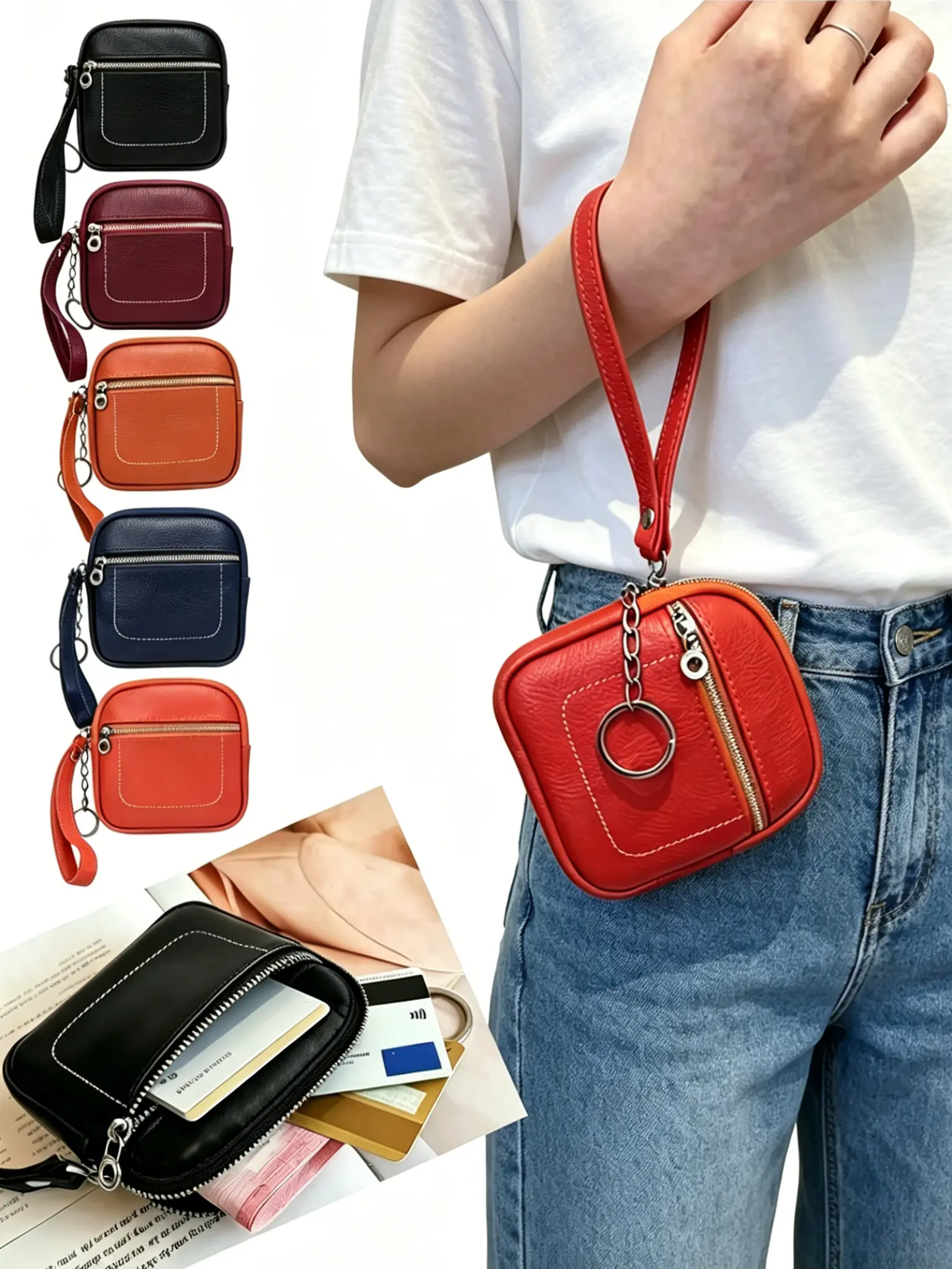 Square Mini Leather Card Wallet and Coin Purse, Zipper Lock Design, Fashion Casual Style Money Bag, Perfect Unisex Gift for All Seasons