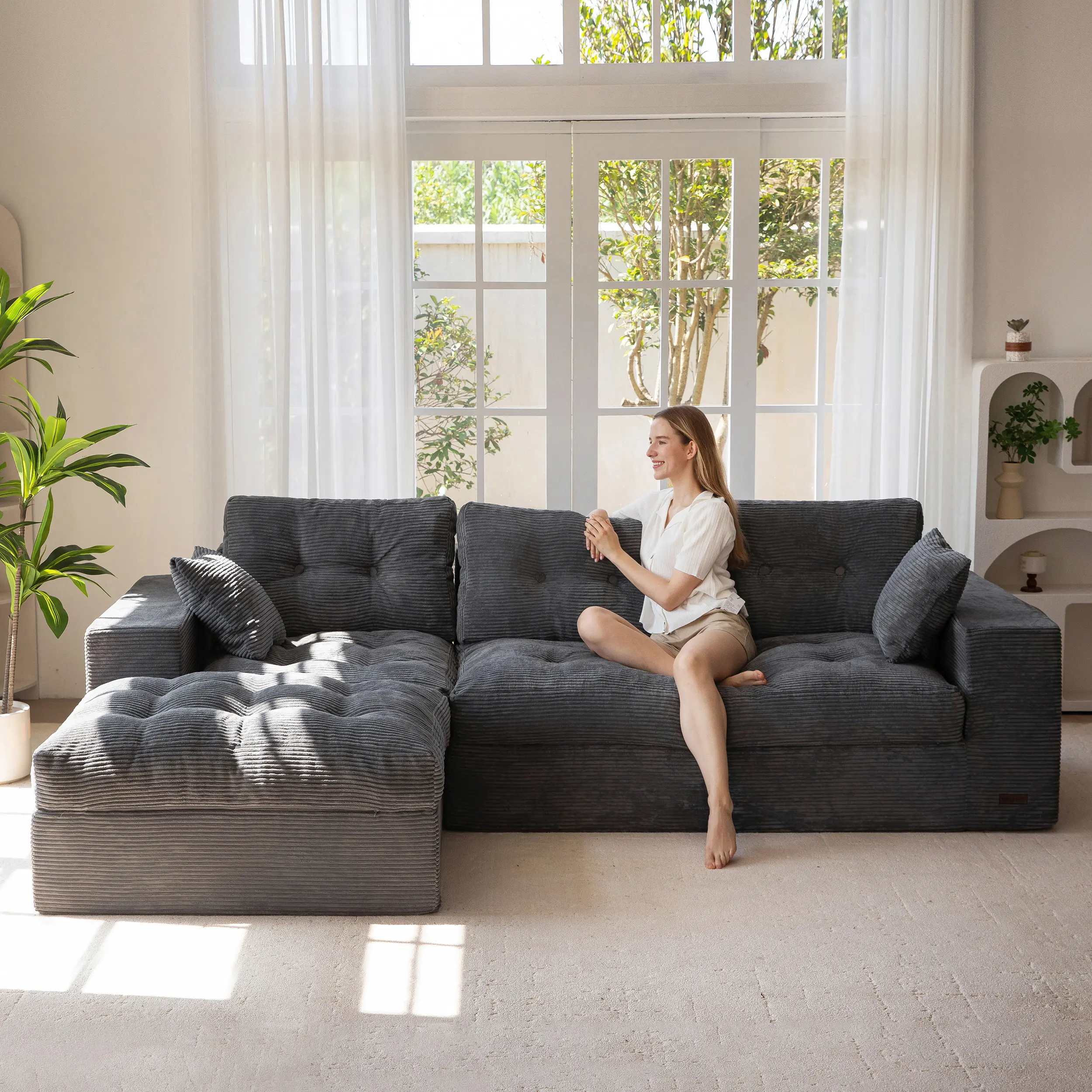 【2 Package Shipping】MAXYOYO  104"/132'' Cloud Sectional Couch with Convertible Left/Right Ottoman, Cloud Boneless Modular Couch, Layered Cushion & Tufted Upholstered, 4-in-1 Flexible Combination, No Assembly Required