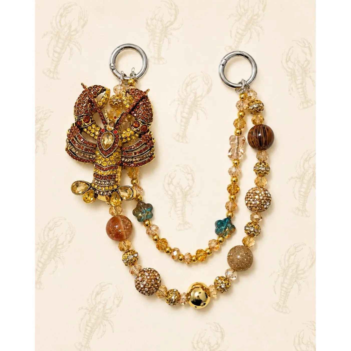 Lobster Keychain with Beaded Chain and Ornate Lobster Charm