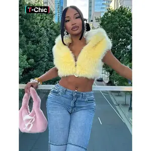 Women’s fashion faux fur vest jacket, zip-up hooded sleeveless crop top, comfortable fitted coat for fall and winter, versatile plain design