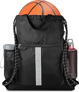 Drawstring Sports Gym Backpack with Shoe Compartment and Dual Water Bottle Holders