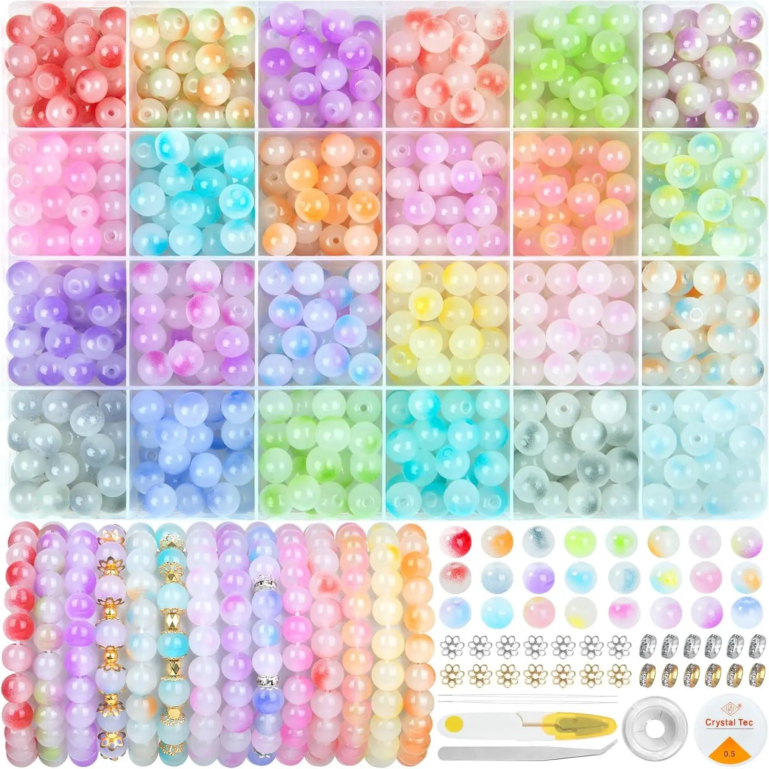 480Pcs Glass Beads for Jewelry Making, 24 Color 8mm Glass Crystal Beads Friendship Bracelets Making Kit for DIY Earrings Necklaces Rings, Craft Beads, Decorative Beads