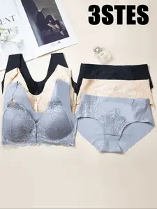 Women's Bra Set with Thong, Fashionable Lace Trim, Comfortable Wide Strap, Front Snap Closure, Available in