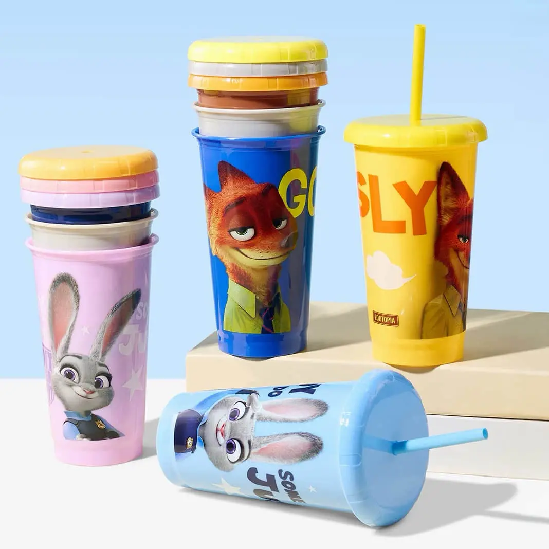 MINISO Disney Zootopia 4 Pack Summer Plastic Straw Cups,Summervibes,Lightweight Safe Plastic Material, Cute Cartoon Print,Leak-Proof Straw Design