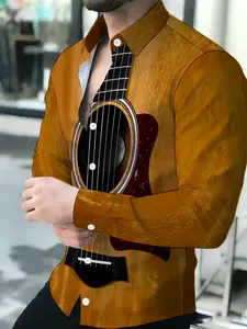 Men's Breathable Lapel Long Sleeve Wood Grain Guitar Print Cardigan Tops