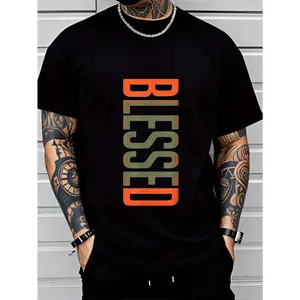Men's BLESSED Printed T-Shirt- Bold Geometric Letters, Breathable Comfortable Fit, Machine Washable Casual Short Sleeve Top, Casual Wear, Modern Casual Clothing, Pure Cotton Fabric, Large Size