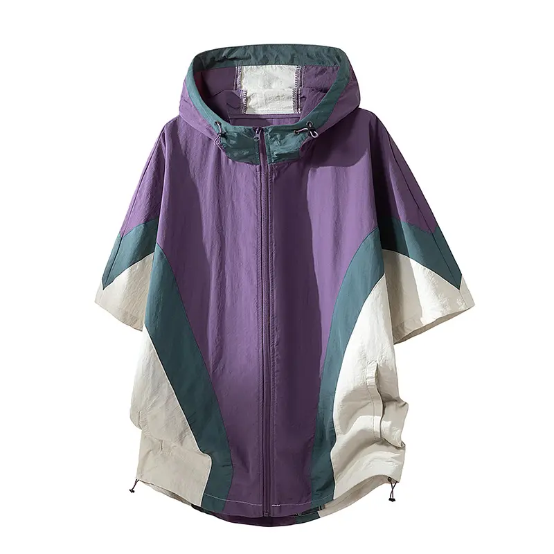 Men's Streetwear Shirt Jacket, Stylish Color Block Shortsleeve Full-Zip Hoodie with Lightweight Sun Protection