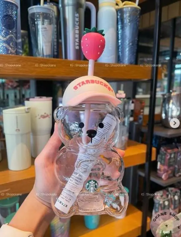 Summertrendy Strawberry Bear Limited 2026 Starbucks Tumblers Strawberry Baseball cap Bearista Bear Cup, Creative Cocktail & Soda Glassware