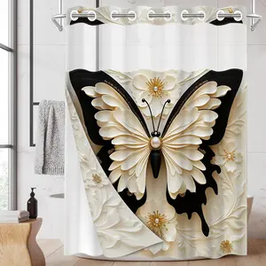1pc hookless Floral shower curtain with grommets and liner, butterfly flower decorative design 2D flat printing, fabric waterproof liner shower curtain with window, double-layer shower curtain, 71 x 74 inches, modern home curtain decor, Bathroom Curtain