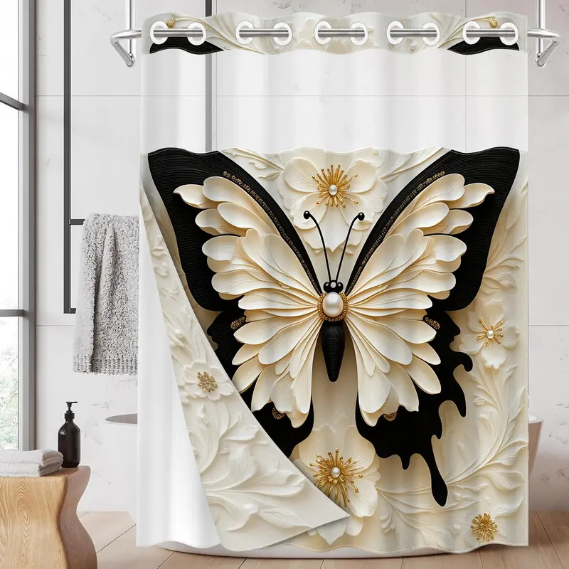 1pc hookless Floral Aesthetic shower curtain with grommets and liner, butterfly flower design 2D printing, fabric waterproof liner shower curtain with window, double-layer shower curtain, 71 x 74 inches, home decor