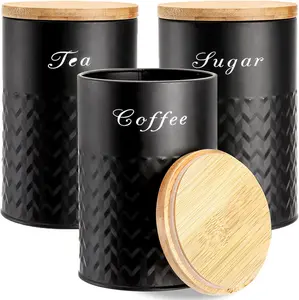 3-Pack Airtight Black Metal Kitchen Canisters with Bamboo Lids, Food Storage Jars for Coffee, Sugar, Flour, Rustic Kitchen Decor Containers