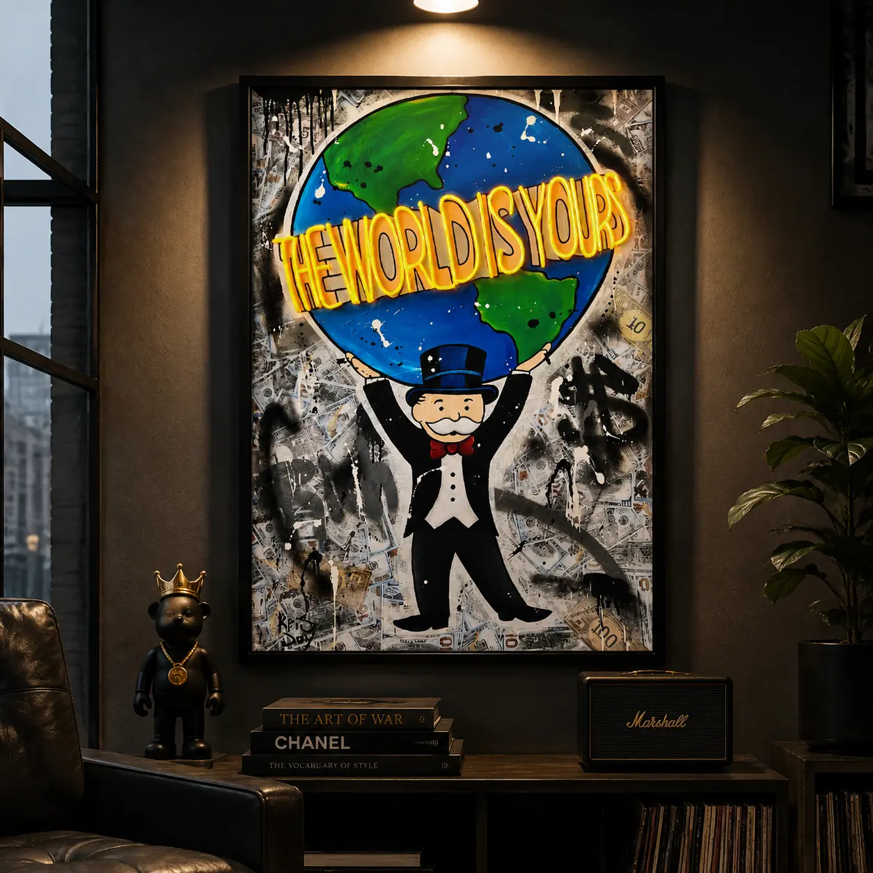 Money Wall Art Poster, Cartoon Businessman Canvas Print, Colorful Graffiti Style Artwork, Wealth Inspired Home Decor for Game Room Bedroom Office Man Cave