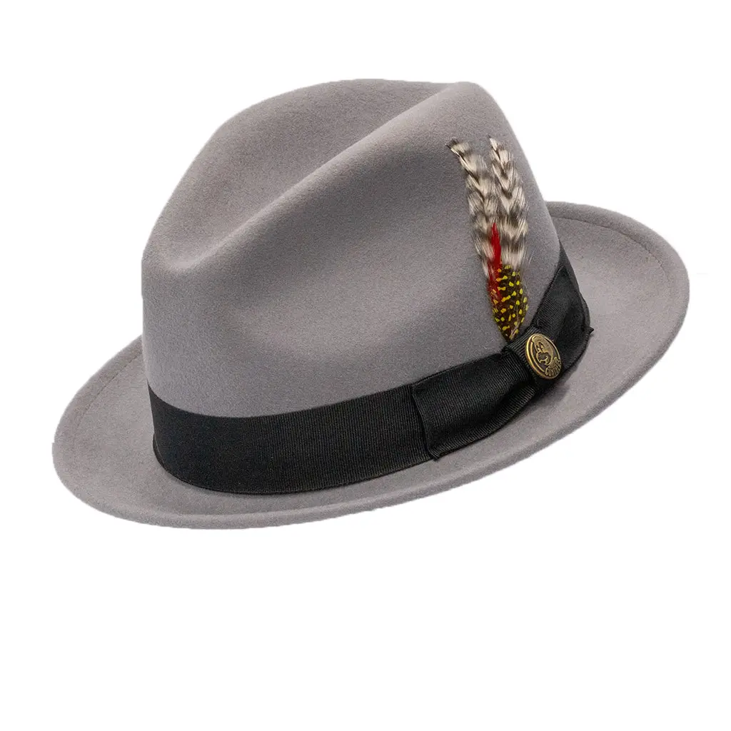 Gunthers Co La Cuatro Fedora - Adjustable Stylish Hat, Solid Light Grey, Black Band, Feather Detail, Multi-Size Fit Design, Classic Hats, Feather Detailing Hats