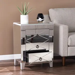 360 Stand 26 in. Manufactured Wood & Iron Rectangular Mirrored End Table - Nightstand Bedside Table, 3 Drawers, Silver Living Room Furniture, Living Room Tables
