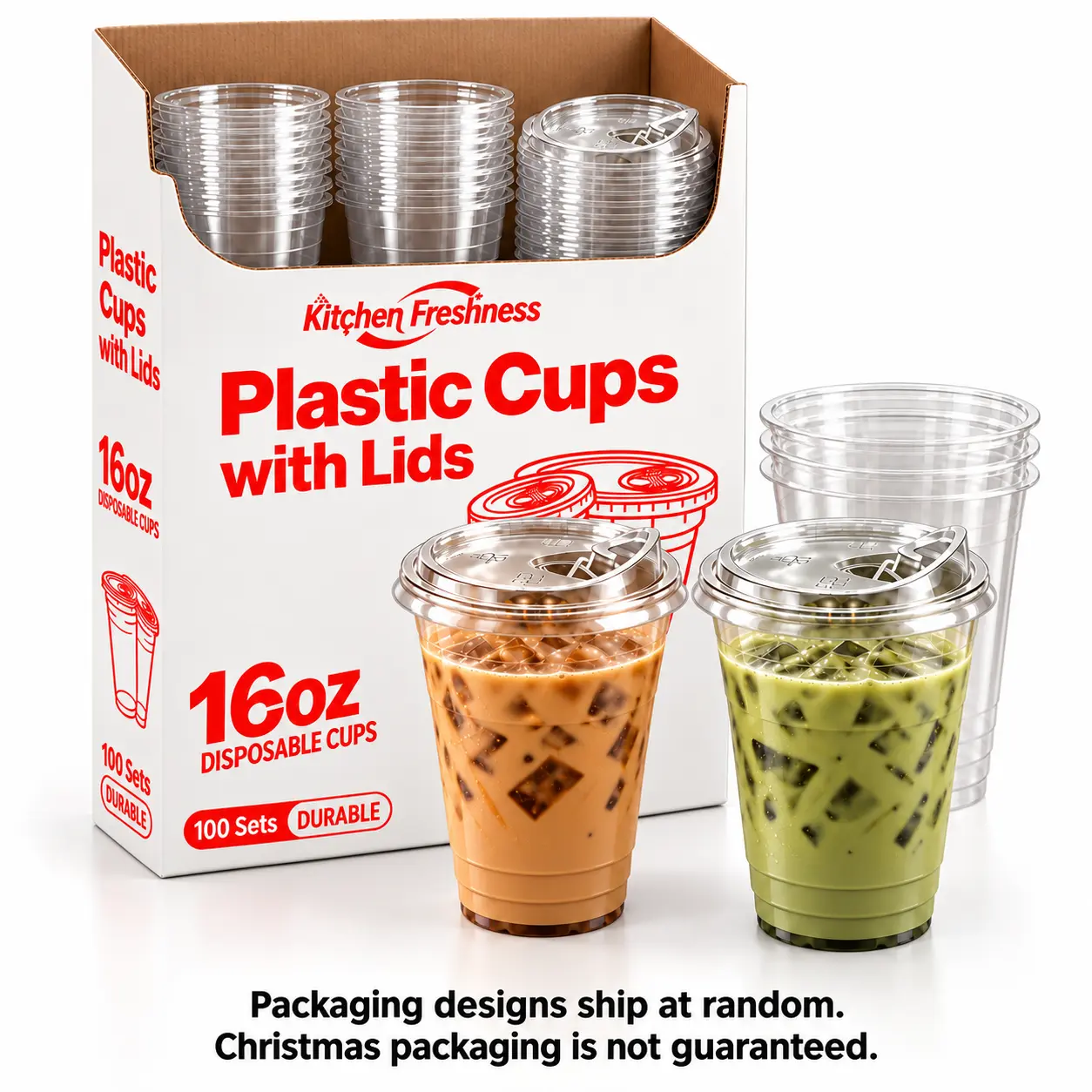 100-Pack PET Plastic Disposable To-Go Cups with Strawless Sip Lids, 16-24oz Options, for Iced Coffee & Cold Drinks - Home, Festive & Party Disposable Tableware