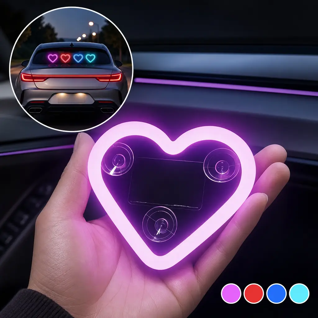Multi-hue Solar-powered Heart-shaped Car Window LED Light, for Vehicle Inner Trim & Home Office Decor Arrangement, Mini Decorative Gadget, Solar+USB Two Charging Ways No Drilling Wireless Lamp