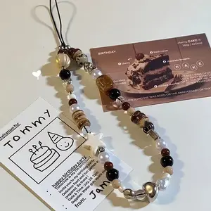 Retro Brown Beaded Star CCD Camera Accessories Phone Lanyard DIY Anti-Loss Cord Phone Charm Phone Wrist Strap