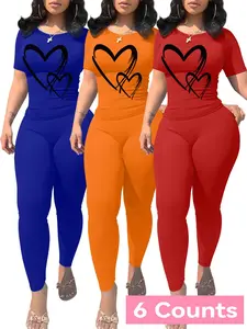 Women's Heart Print Crop Tee & Skinny Pants Set, Casual Short Sleeve T-shirt & Leggings, Ladies Summer Everyday Clothes for Daily Wear, Fit, Womenswear, Polish