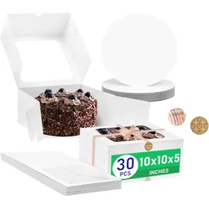 30PCS White 10x10x5 Inches Cake Box Set 60Pcs Total 30 Boxes 30 Cake Boards, Bakery Boxes with Clear Window for Cake Dessert Cookie Birthday Party Wedding