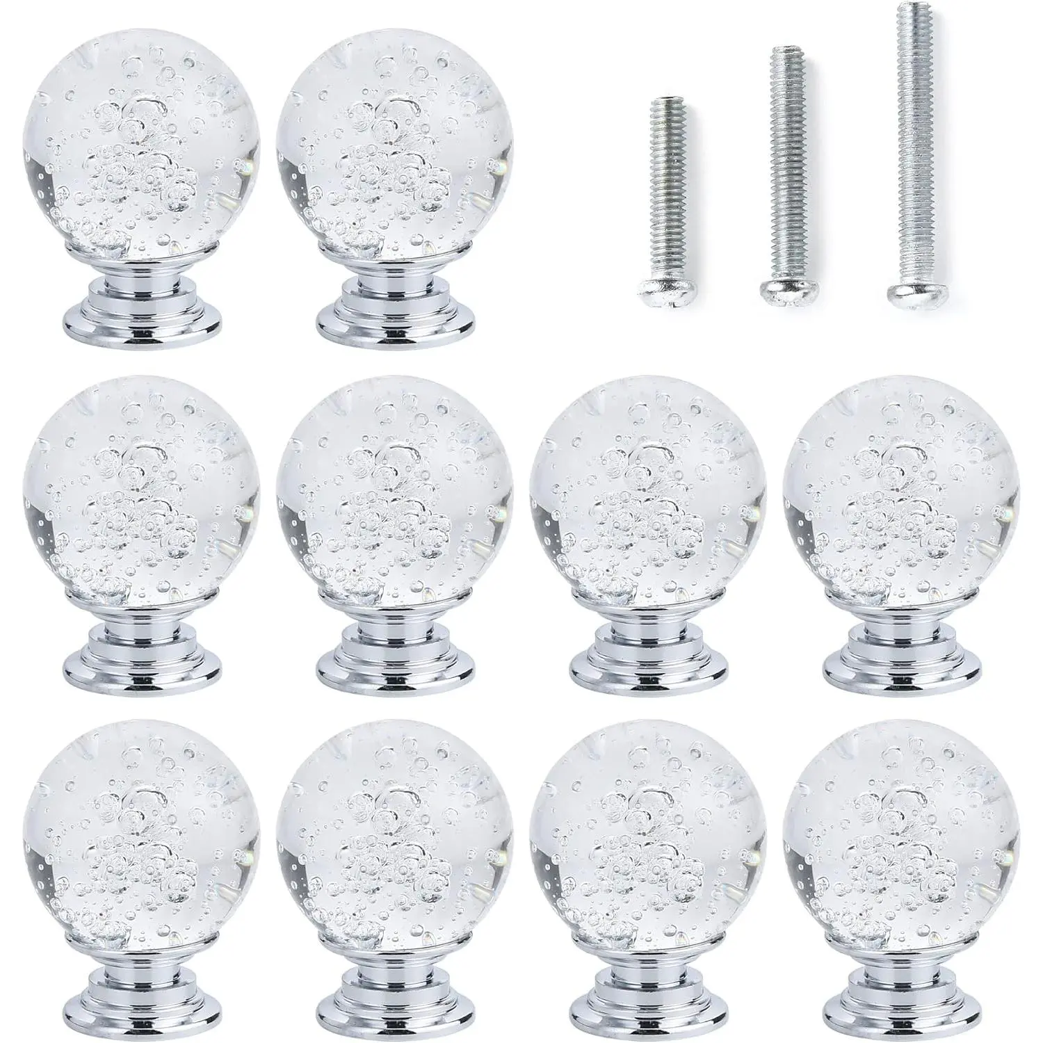10 count Crystal Cabinet Knobs Round Glass Bubbles Knobs Smooth Drawer Pulls Handle for Home, Cabinet, Drawer and Dresser with 3 Different Size Screws, 30MM (Transparent)