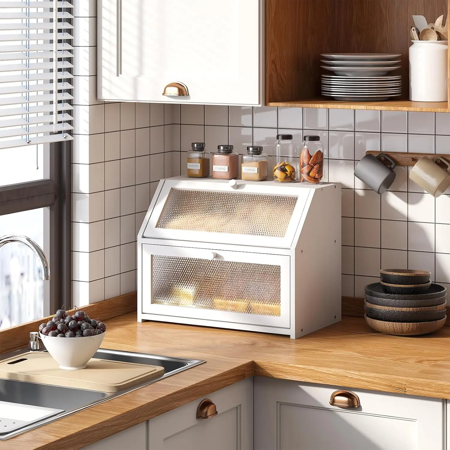 Bread Box for Kitchen Countertop Bin Double Layer Bread Box Storage Container  Capacity Farmhouse with   Windows (White, Large)