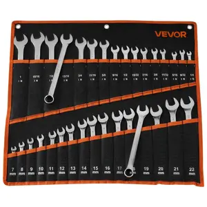 Summervibes VEVOR Combination Wrench Set, 32-Piece SAE and Metric, 12-Point Box End and 15 Angled Open End Combination Wrenches with Roll Up Pouch, Carbon Steel, for General Household and Automotive Repairs