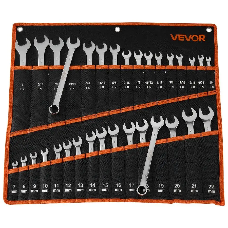 VEVOR Combination Wrench Set, 30-32-44-Piece SAE and Metric, 12-Point Box End and 15 Angled Open End Combination Wrenches with Roll Up Pouch, Carbon Steel, for General Household and Automotive Repairs,father'sdaygifts