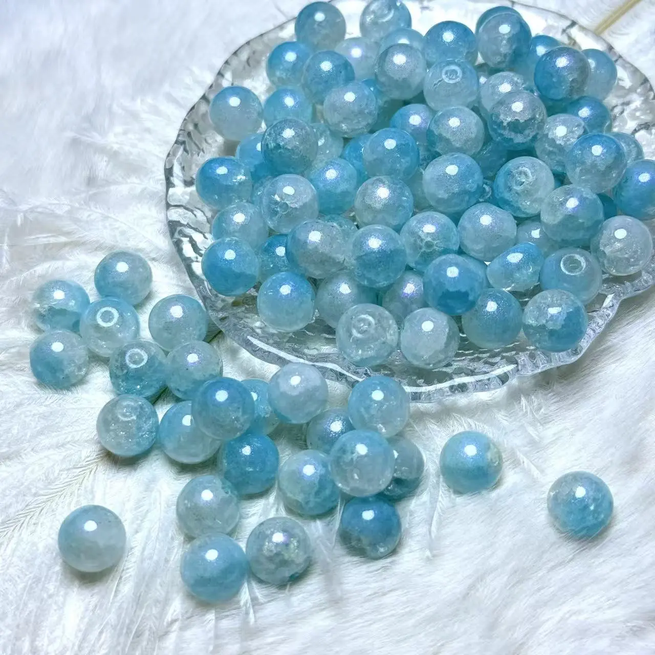 【A166】10mm Sky Blue Fine Glitter Crackle Glass Beads 50ml