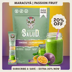 Salud 2-in-1 [Greens + Superfoods – Passion Fruit] Daily Greens Drink Mix, Agua Fresca, Gut Health & Bloating Support, Probiotics & Prebiotics, Vegan, Non-GMO, Easy-to-Drink Greens Powder (15 Servings)