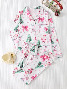 Women's Christmas Pajama Set, Santa & Reindeer Print, Lapel Button Long Sleeve, Loose Fit, Comfortable & Stylish Sleepwear, Loungewear