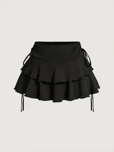 Women's Solid Lettuce Trim Tiered Layer Ruffle Hem Fitted Skirt, Elegant Tie Side Mini Casual Skirt, Women's Bottoms for Daily Wear, Womenswear Feminine