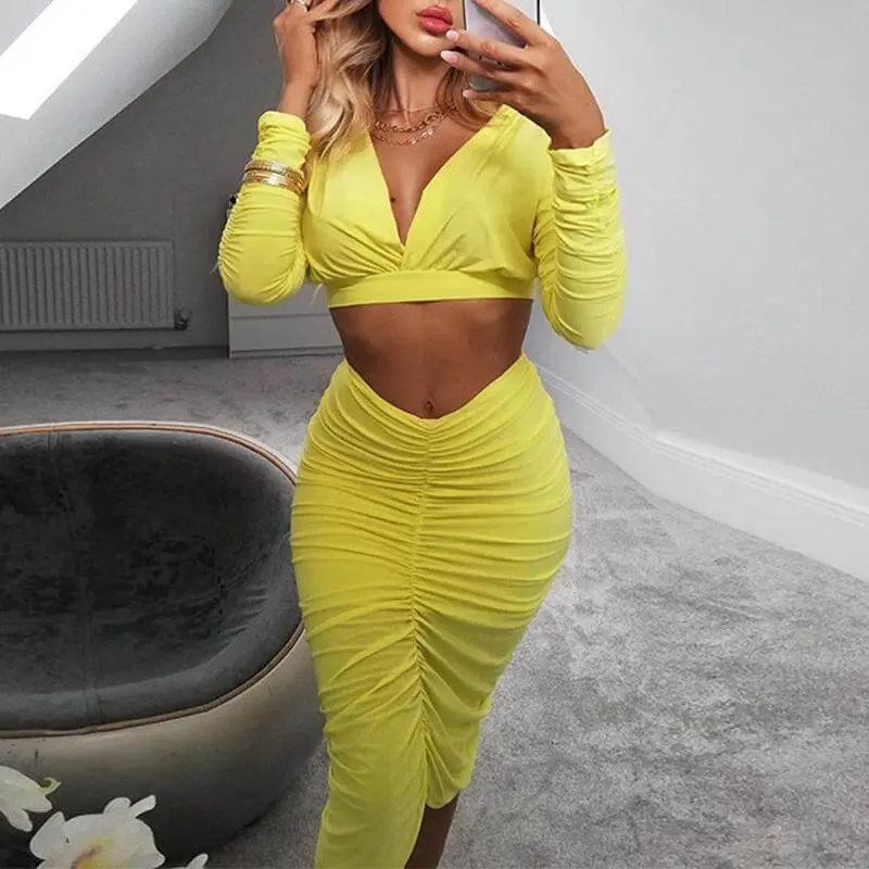 Yellow two-piece suit pleated long sleeve dress Women high