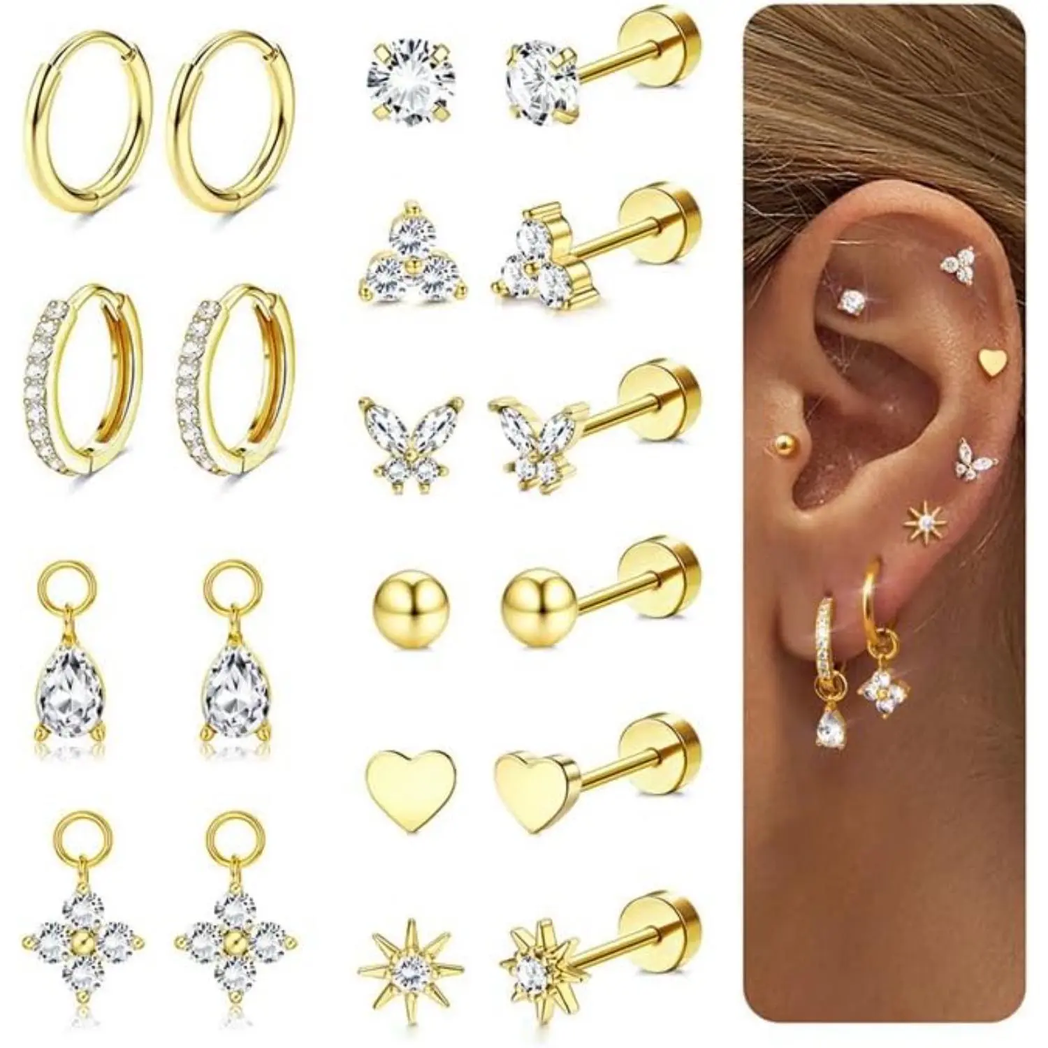 CASSIECA Stud Earrings Stack 14K Gold Plated/Silver Surgical Steel, Hypoallergenic Flatback Cartilage Earrings with Charms, Non Tarnish Multiple Piercing Jewelry for Women with Sensitive Ears,summerwins,summeroutfits,vacationoutfits,beachoutfits