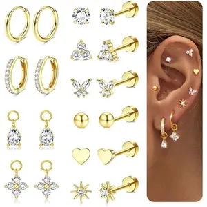 CASSIECA Stud Earrings Stack 14K Gold Plated/Silver Surgical Steel, Hypoallergenic Flatback Cartilage Earrings with Charms, Non Tarnish Multiple Piercing Jewelry for Women with Sensitive Ears