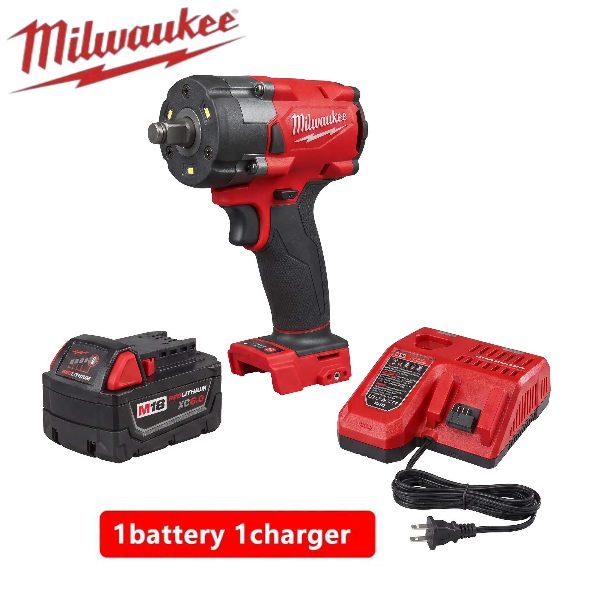 Milwaukee M18 Cordless Impact Wrench - 1/2-in Square Drive Friction Ring Anvil, W/ 1 XC6.0 RedLithium Battery & Matching Charger, For Automotive Repair, Equipment Disassembly mechanical kit drill maintenance diy portable tool renovation project