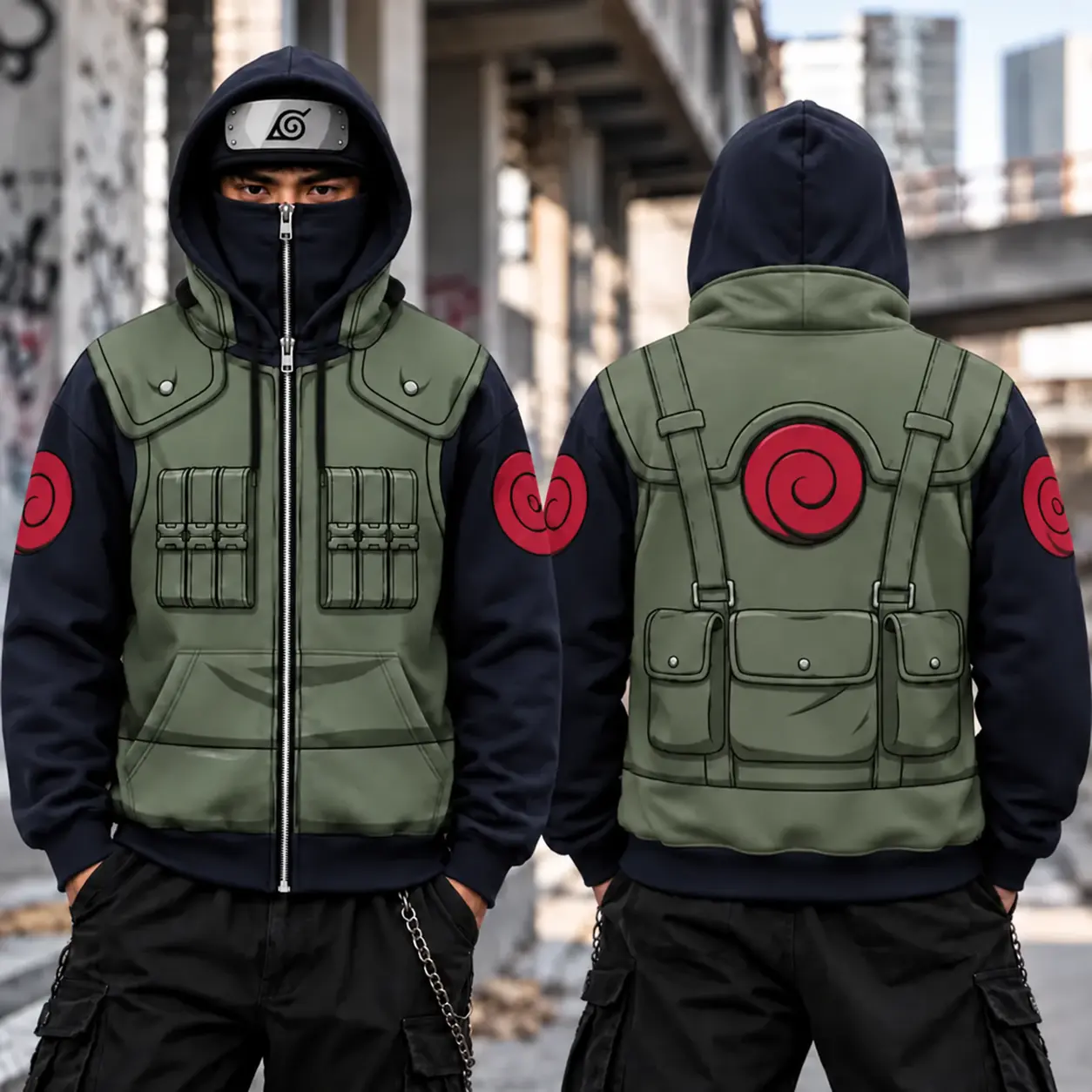 Kakashi Anime Ninja Hoodie and Sweatpants Set, Leaf Village Headband Graphic Zip Up Hoodie, Balaclava Style Sweatshirt, Matching Jogger Pants, Unisex Y2K Otaku Streetwear Tracksuit, Anime Fan Gift