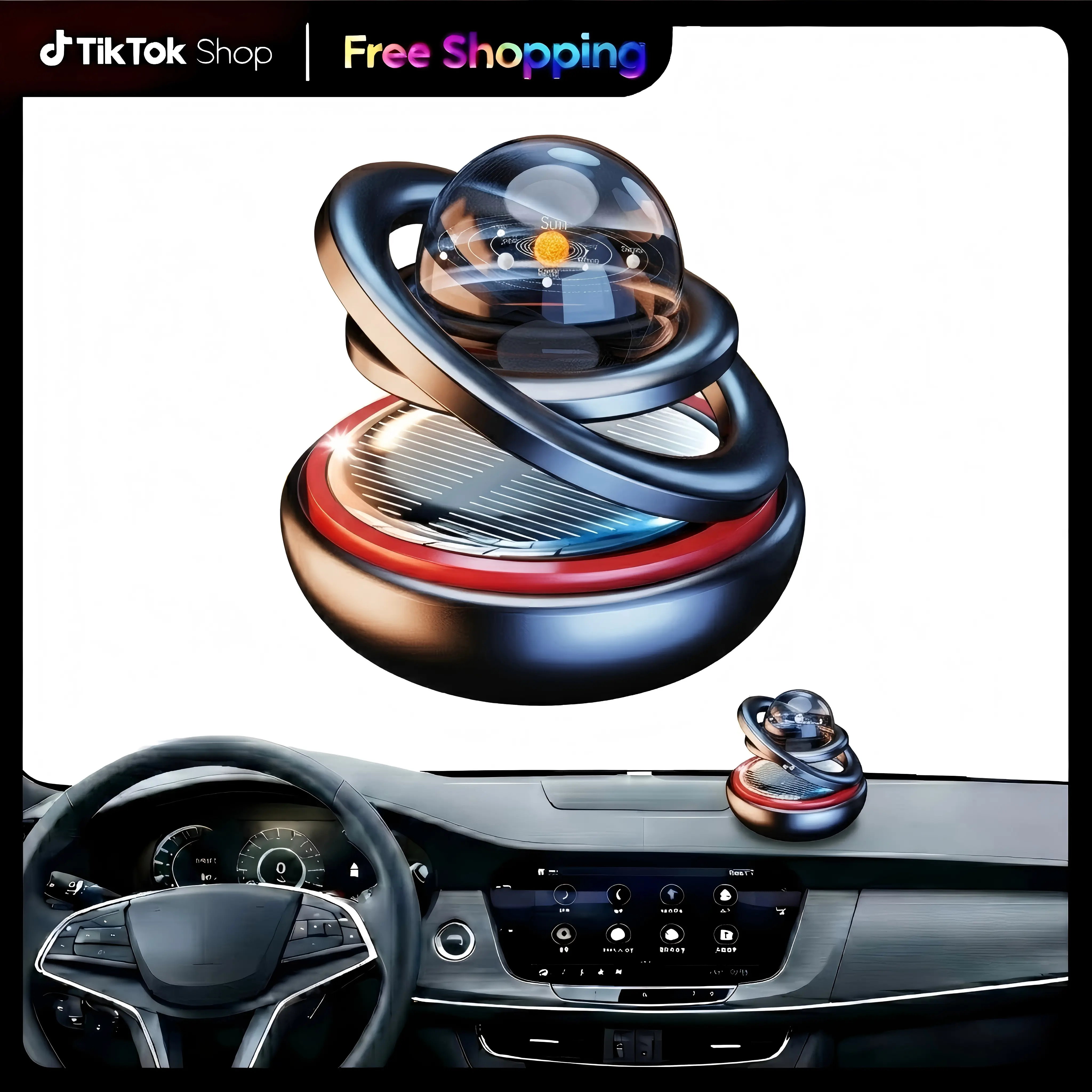 Solar Energy 360° Interstellar Suspension Car Fragrance,Car Solar Power Air Freshener,  Solar Power Combines Suspension and Rotation Car Diffuser with Interstellar Double Ring, Smart Car Air Freshener for Car Interior Decoration