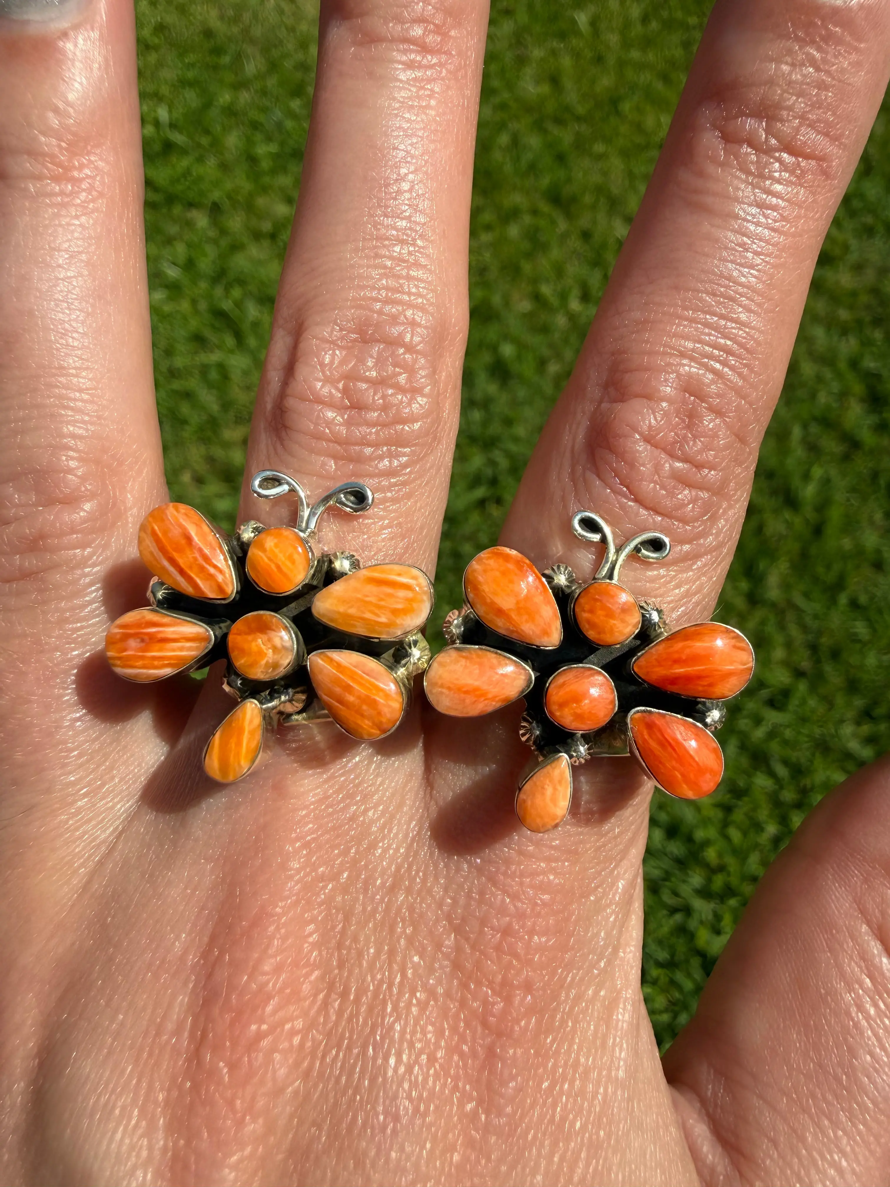 Navajo Orange Spiny Oyster Dragonfly Sterling Silver Ring