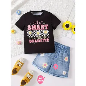 Girls 2pcs Set - Girls Printed Short Sleeve T-Shirt + Imitation Denim Shorts Summer Outfit Clothes Gift, Perfect for Outdoor