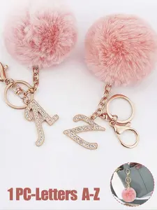 Alphabet A-Z pink pom-pom bag charm, Soft Pompom Keychain, Keychain For Bags, simple design, adorned with rhinestones for a sparkling effect, bag accessory, gift for friends/mom, suitable for keychains, car accessories, bag charms