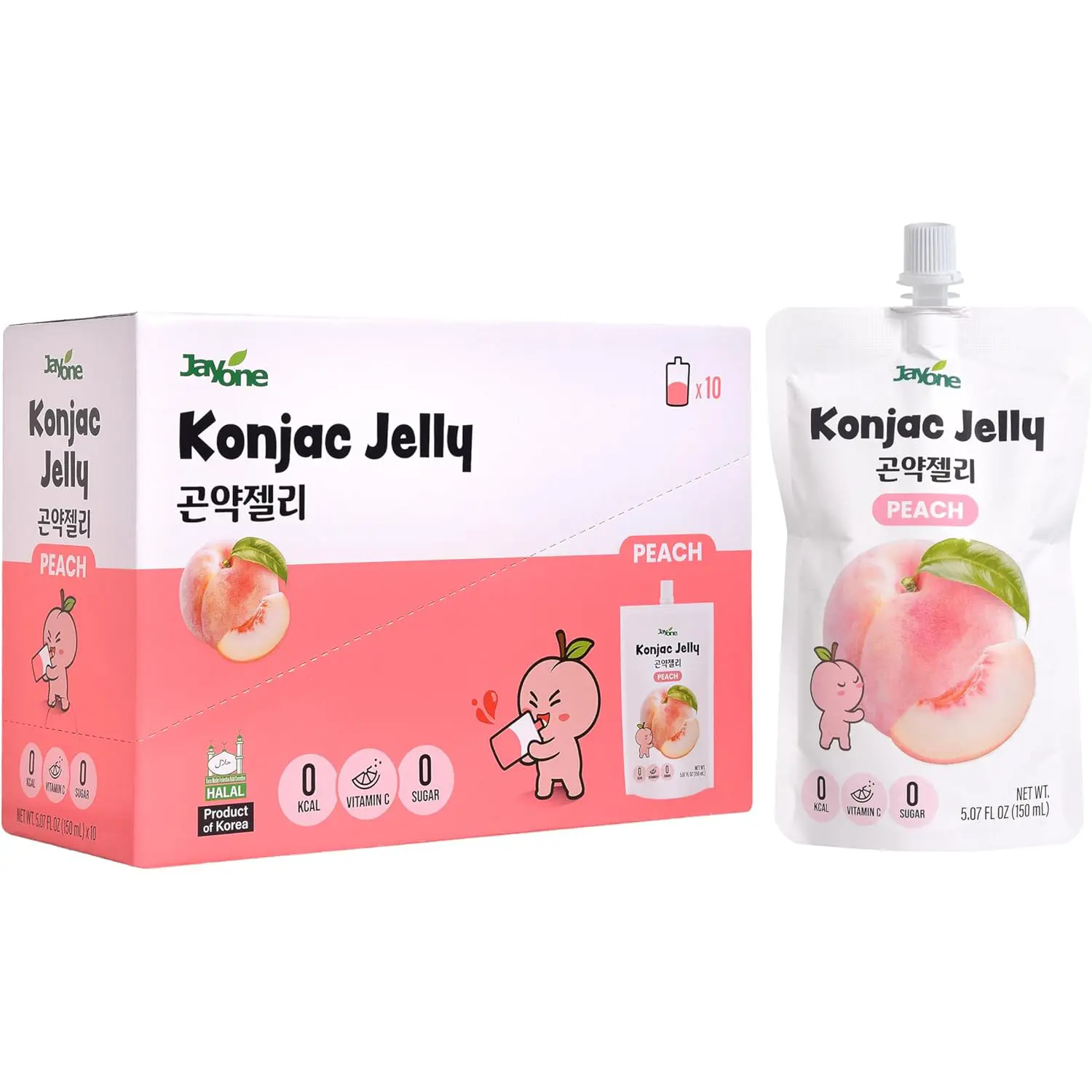 Jayone Konjac Jelly Peach Flavor, 10 Pack, 5.07 fl oz Spout Pouches, 0 Calories & 0g Sugar Per Serving, Halal
