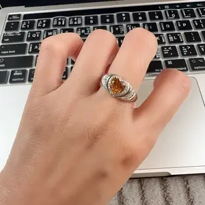 <PingEast jewelry > 925 sterling silver ring set with a heart-shaped citrine and a thick band setting