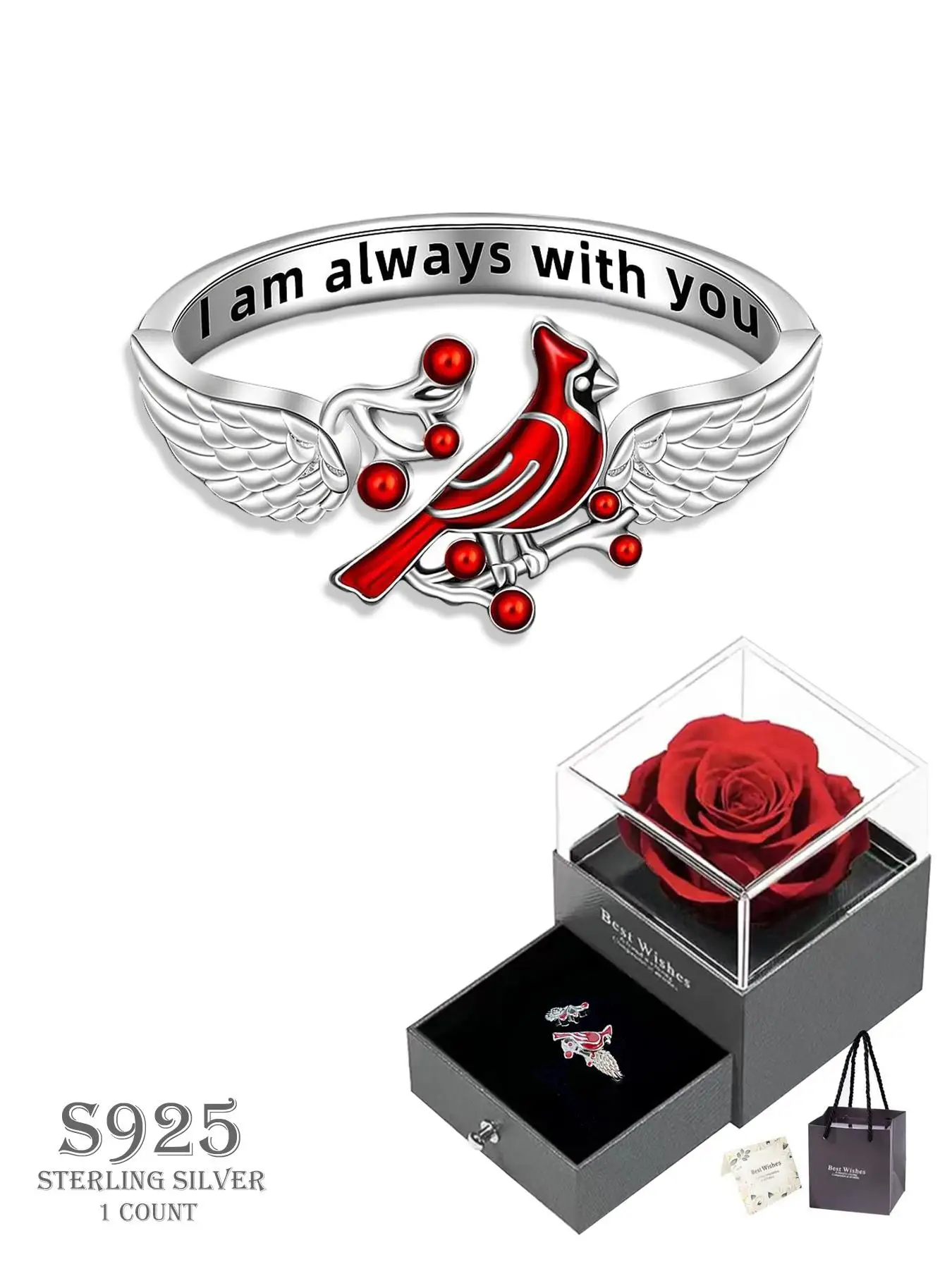 S925 Sterling Silver Bird & Wing Design Cuff Ring, Girlfriend Gifts, Adjustable Ring with Gift Box for Women & Girls, Fashion Jewelry for Party, Daily