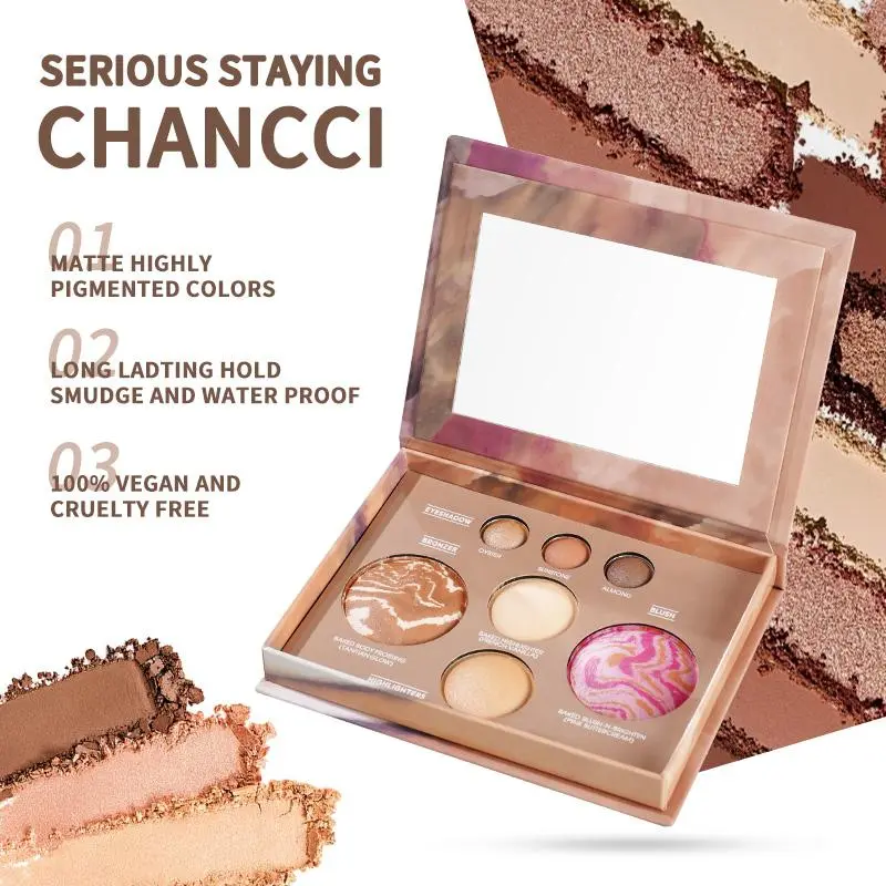 7-Shade Multifunctional Baked Makeup Palette - Eyeshadow, Blush, Bronzer, Shimmer Highlighter, Long-Lasting Foundation & Face Cosmetics
