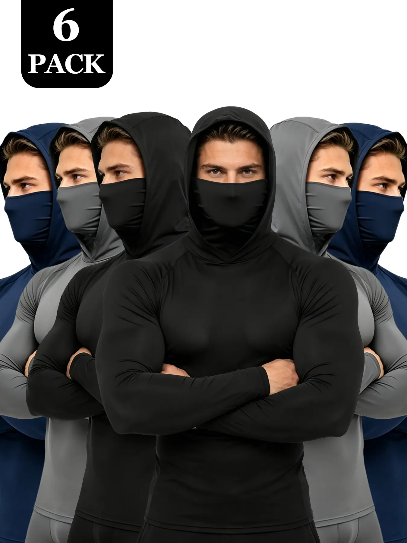 Men's 6-Piece Slim Fit Longsleeves Casual Pullover Hoodies Set, Polyester Solid Colors, Lightweight UPF Protect, Soft Breathable, Timeless Classic, Machine Washable, All Seasons Versatile Menswear Tops (Blue, Black, Light Gray), Clothes